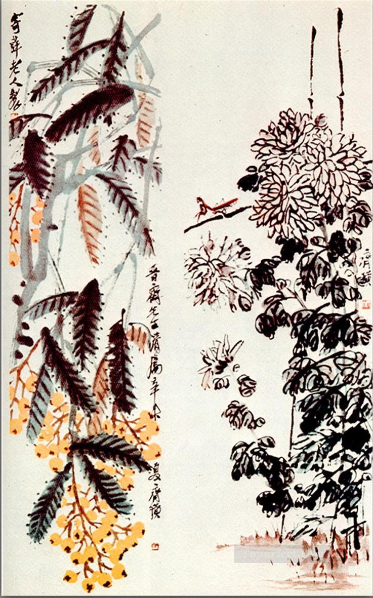 斉白石菊と枇杷の古い中国の墨油絵